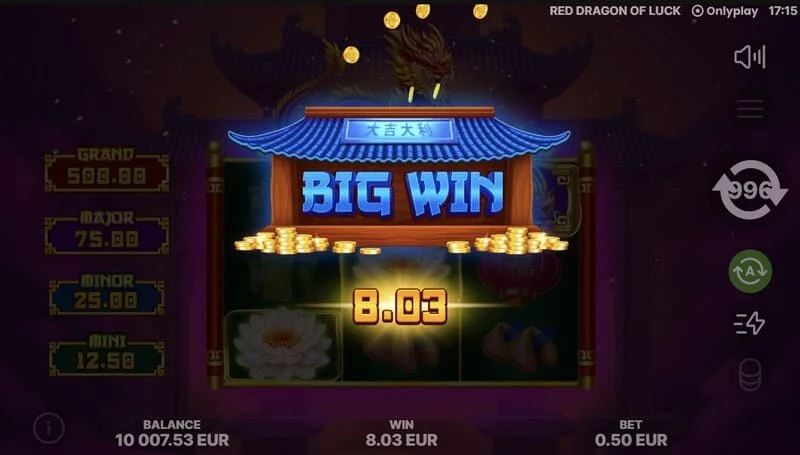 Red Dragon of Luck - ekrani kryesor me një rrjet 3x3 dhe një dragua të kuq